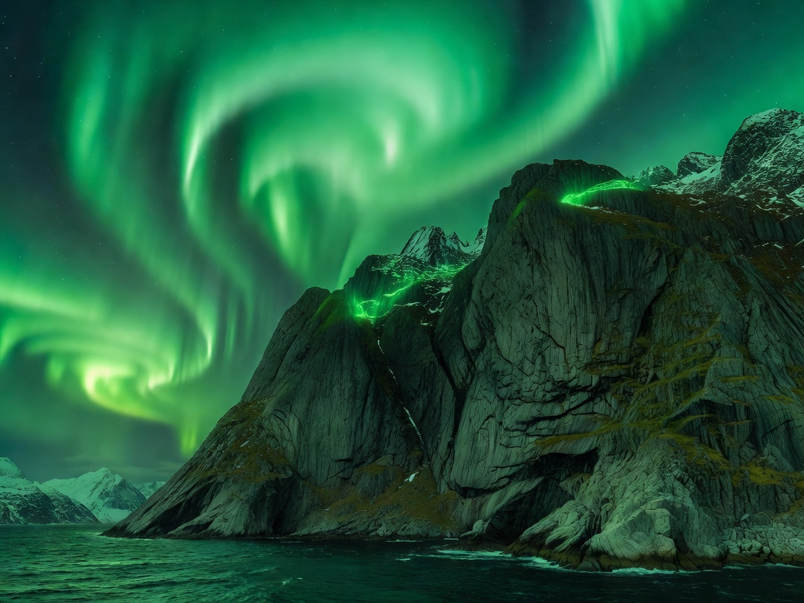 Dramatic steep sea cliffs in Lofoten under illuminated emerald northern lights curtains