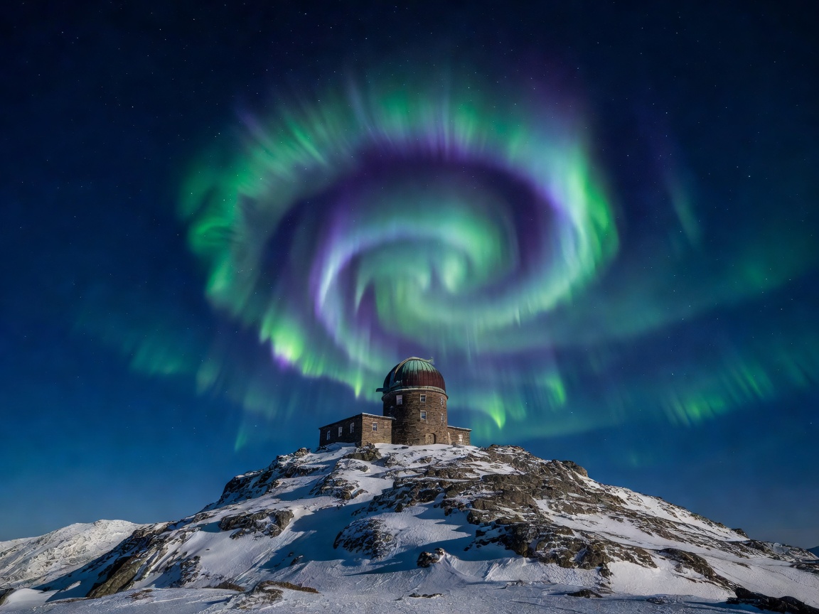 Historic observatory mountain and clear skies in Alta Norway with bright auroral corona