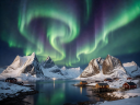 Iconic Reinefjorden in Lofoten with glowing aurora ribbons swirling above snowy mountain spires and rorbu cottages