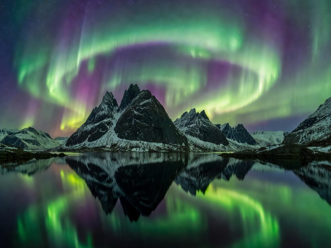 Northern lights arching over the sharp mountain spires of Senja Norway reflecting into calm dark fjord water
