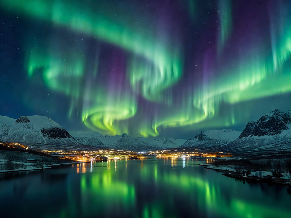 Northern lights pulsating over Tromso city lights, Prestvannet lake and surrounding alpine fjords
