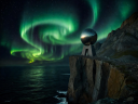 The iconic North Cape globe monument perched on high cliffs above the dark Arctic sea with emerald green auroral skies