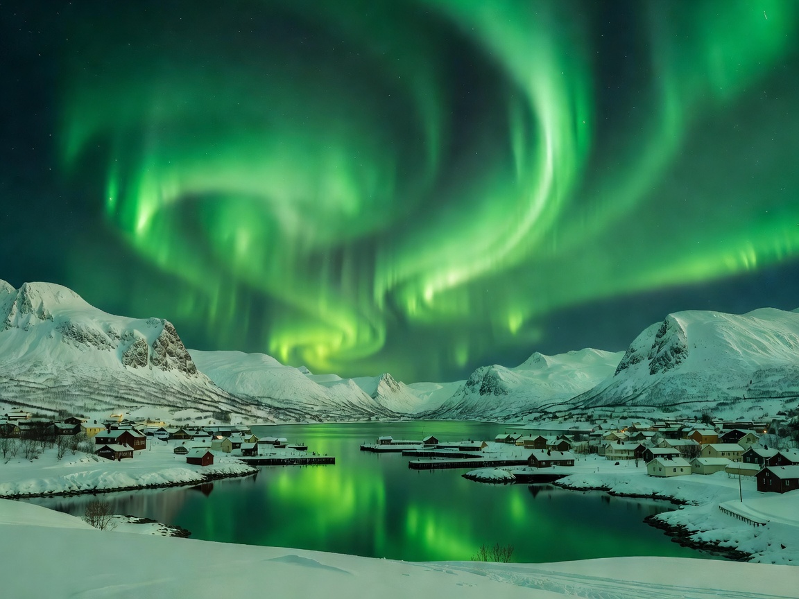 Vibrant green northern lights shimmering over snow covered Tromso harbour mountains